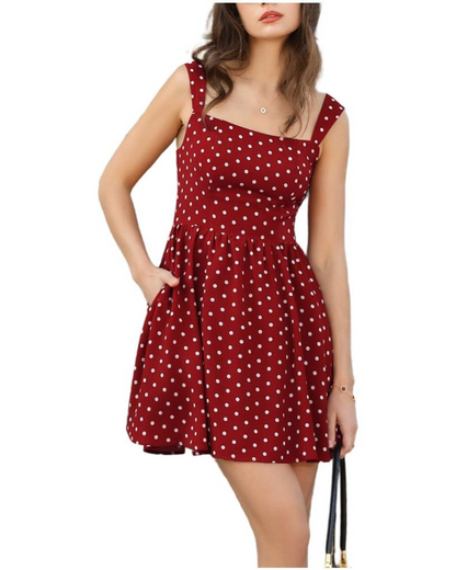 Women's Flowing Polka Dot Square Neck Mini Dress