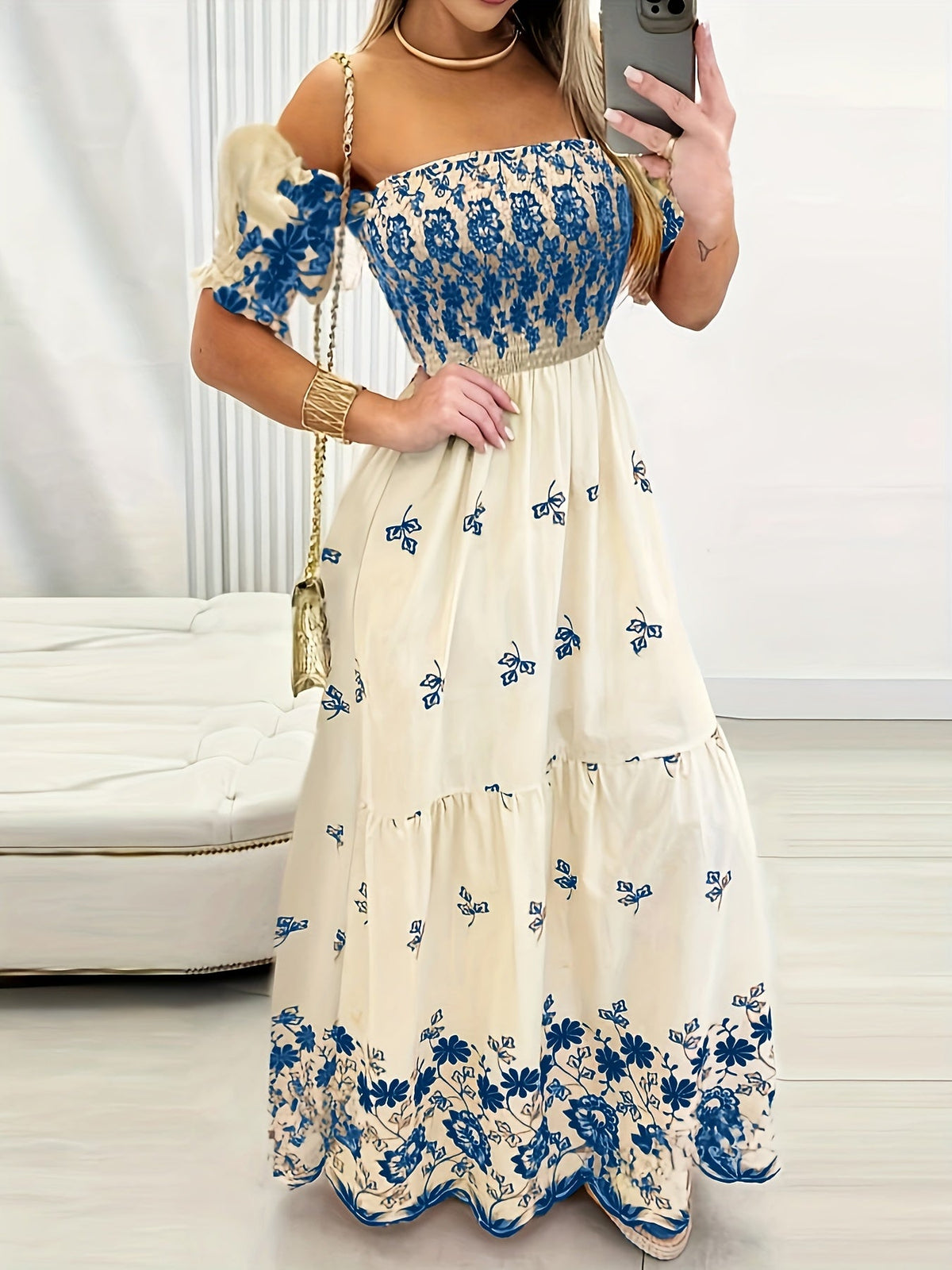 Women's Off-the-Shoulder Floral Print Maxi Dress with Puff Sleeves