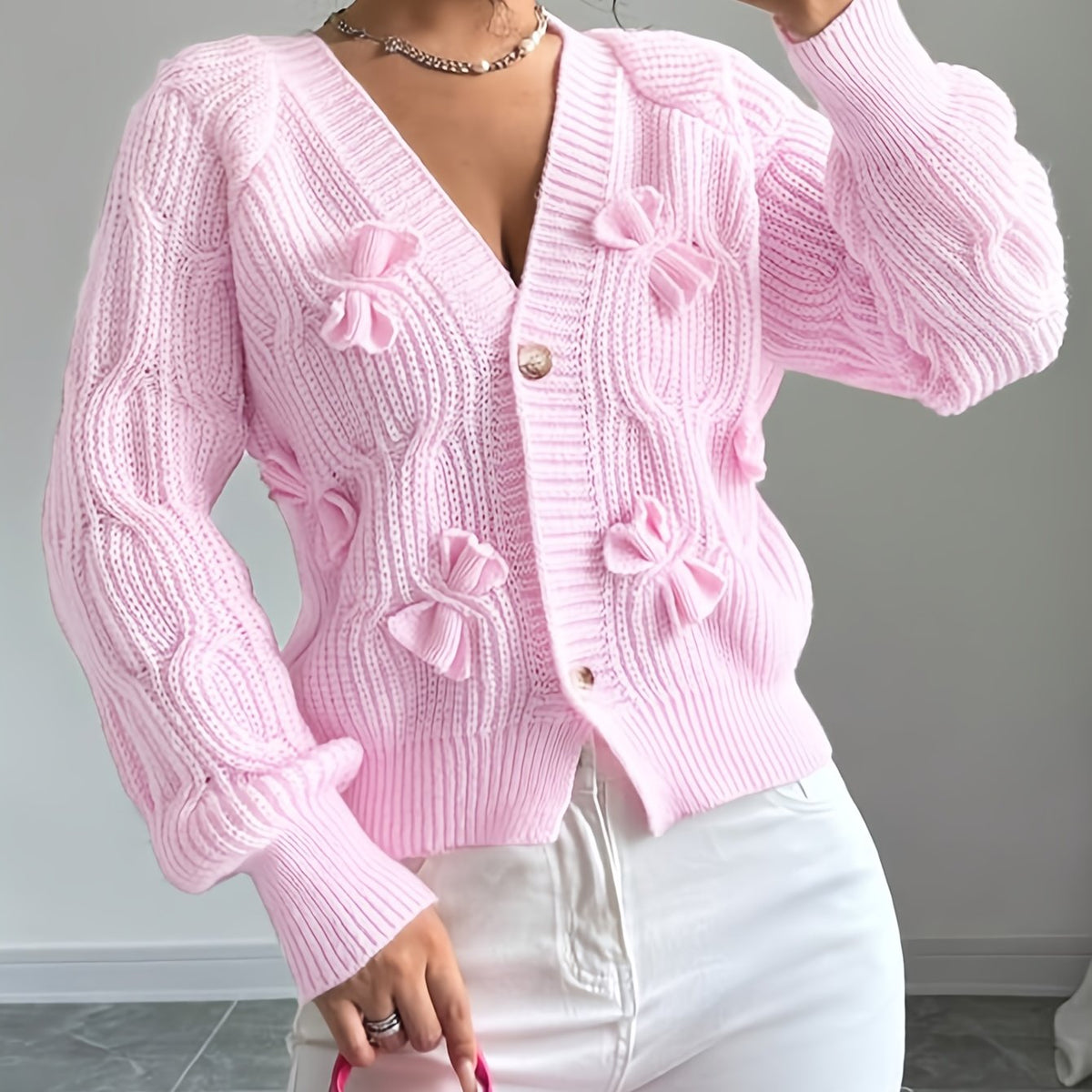 Women's Cable Knit Cardigan with Bow