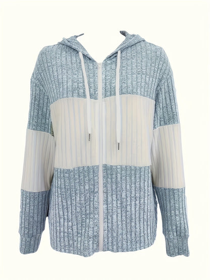 Women's Ribbed Colour-Block Zip-Up Hoodie