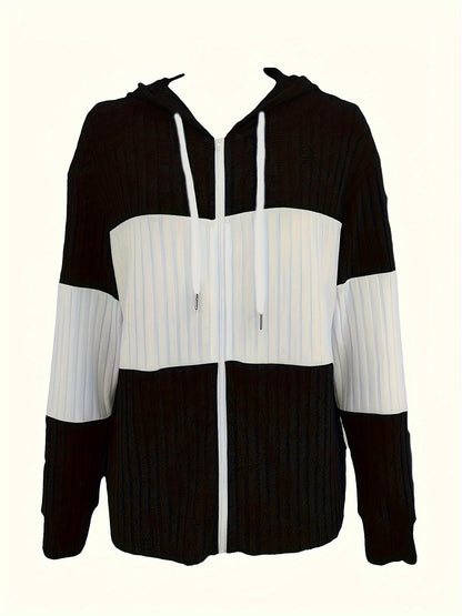 Women's Ribbed Colour-Block Zip-Up Hoodie