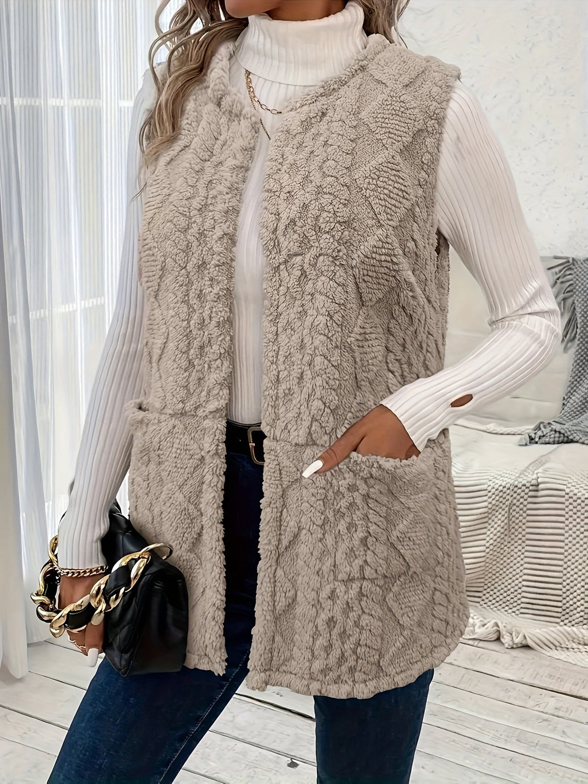 Women's Textured Sleeveless Vest for Winter Layering