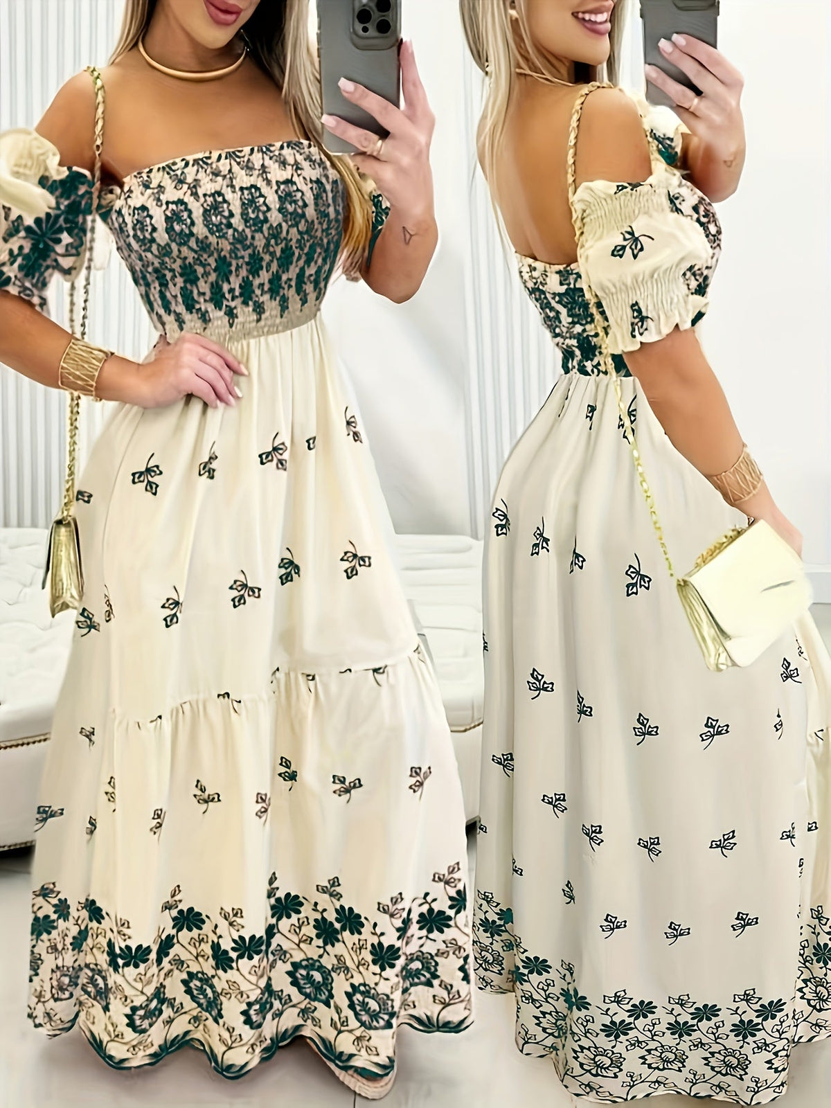 Women's Off-the-Shoulder Floral Print Maxi Dress with Puff Sleeves