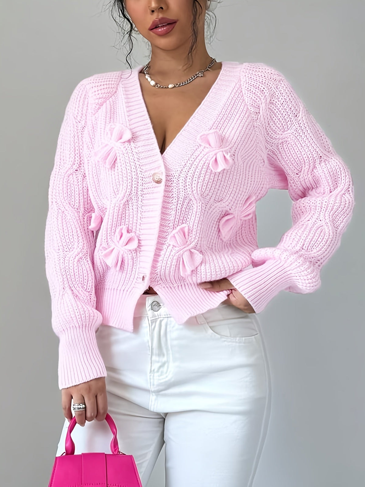 Women's Cable Knit Cardigan with Bow