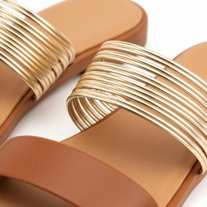 Women's Flat Sandals with Metallic Straps