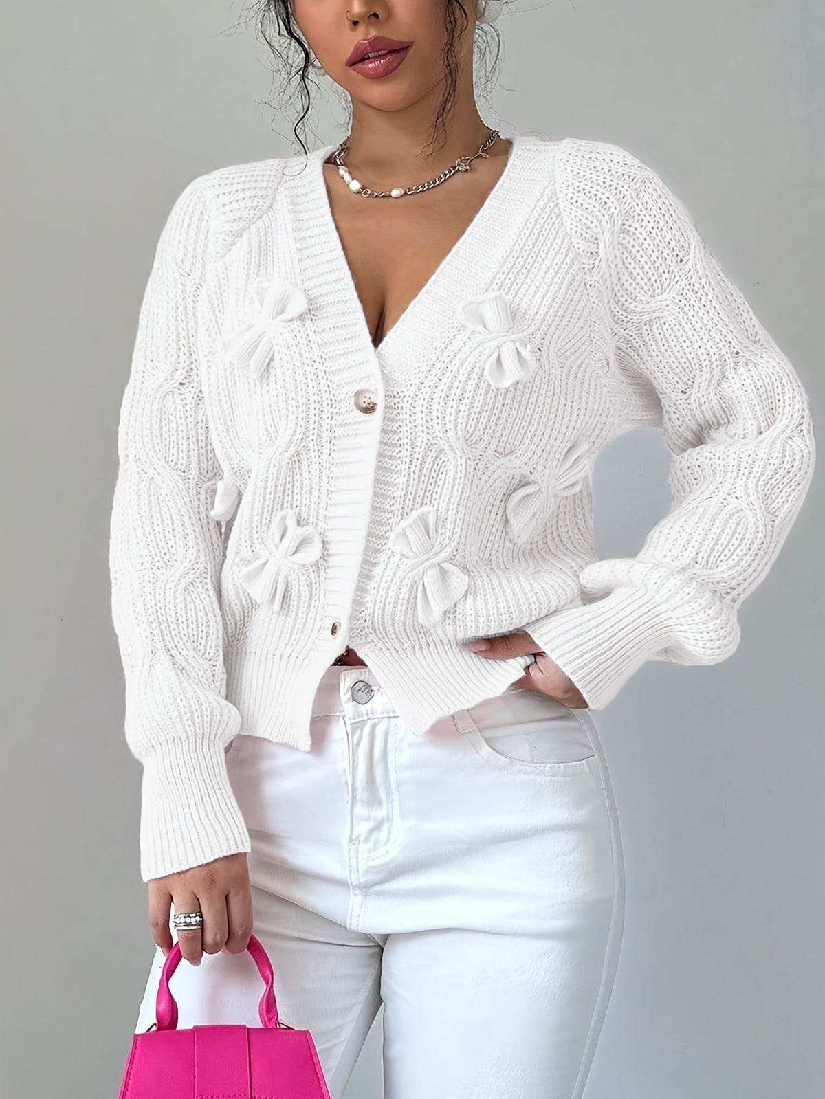 Women's Cable Knit Cardigan with Bow