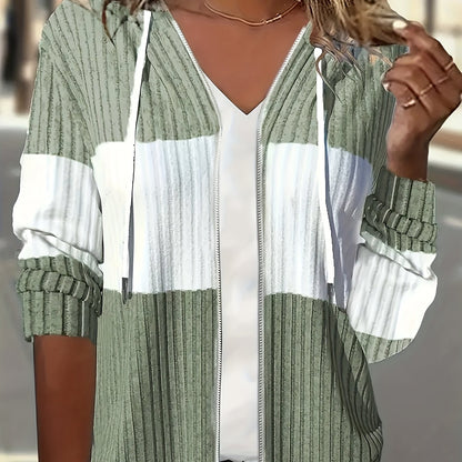 Women's Ribbed Colour-Block Zip-Up Hoodie