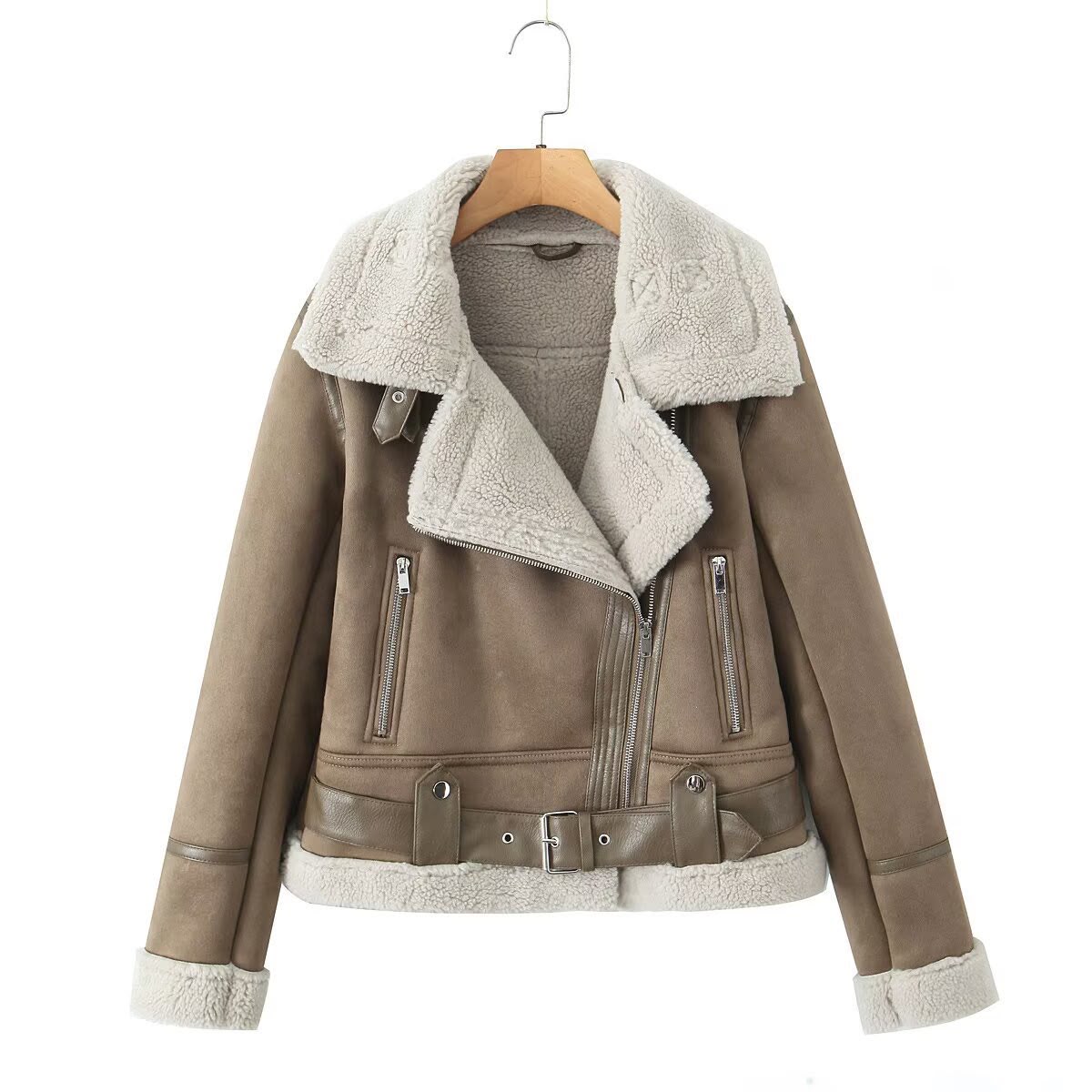 Women's Faux Suede Aviator Jacket with Sherpa Collar