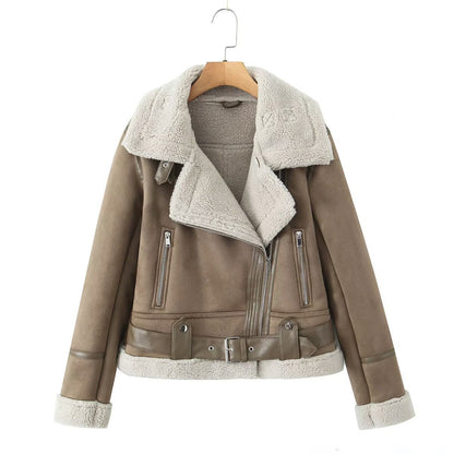 Women's Faux Suede Aviator Jacket with Sherpa Collar