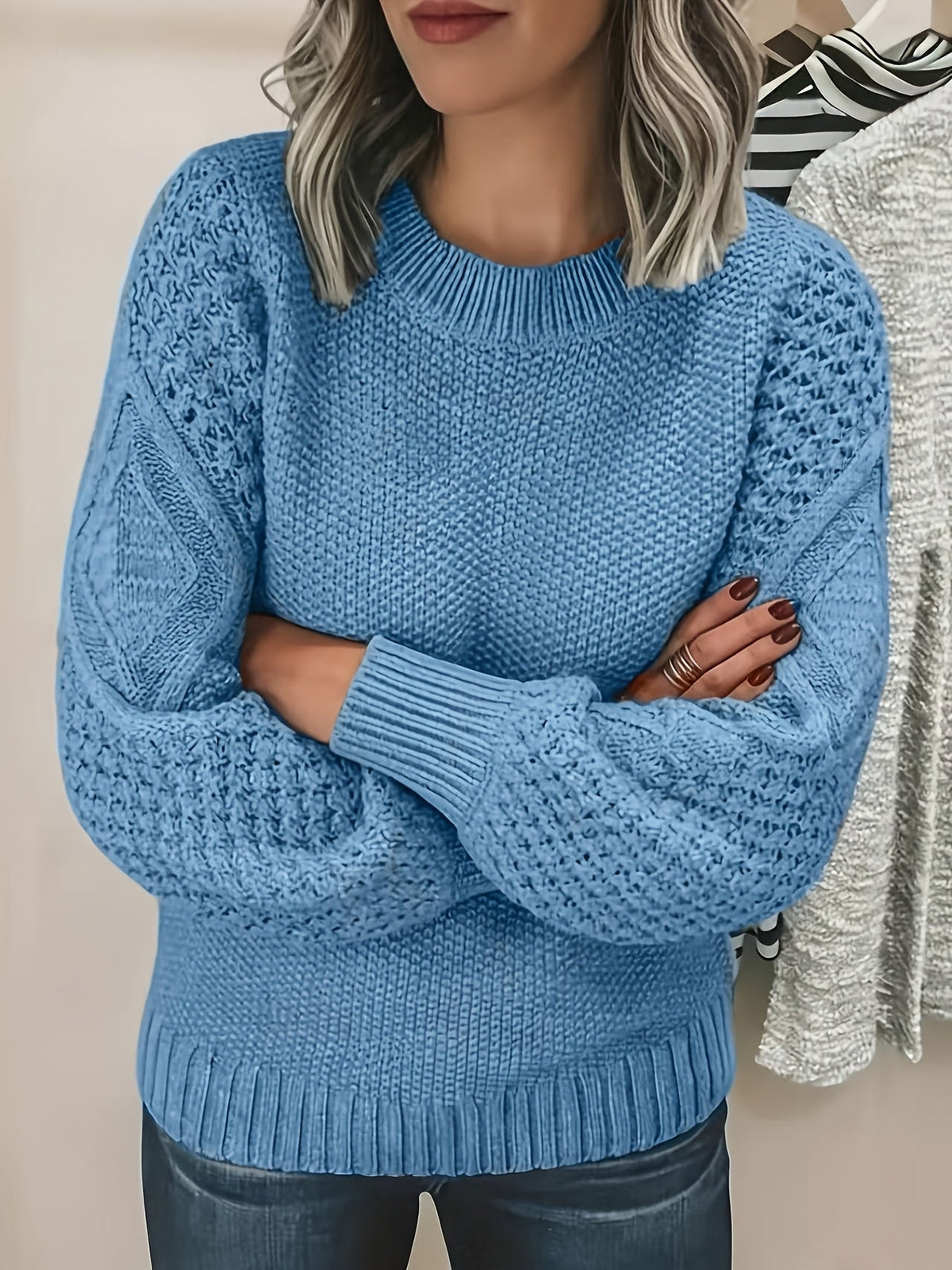Women's Textured Knit Jumper Lantern Sleeve