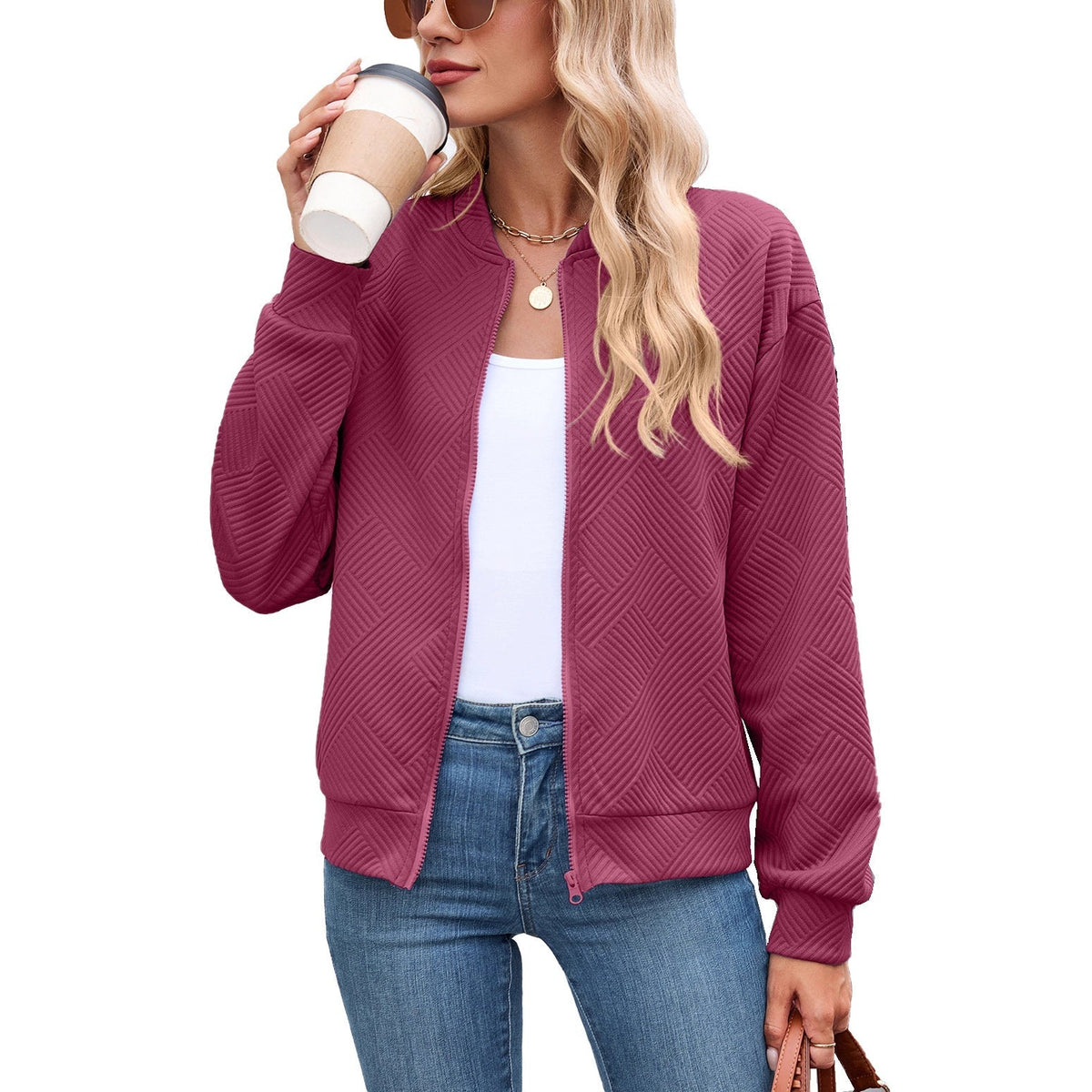 Women's Textured Bomber Jacket for Autumn