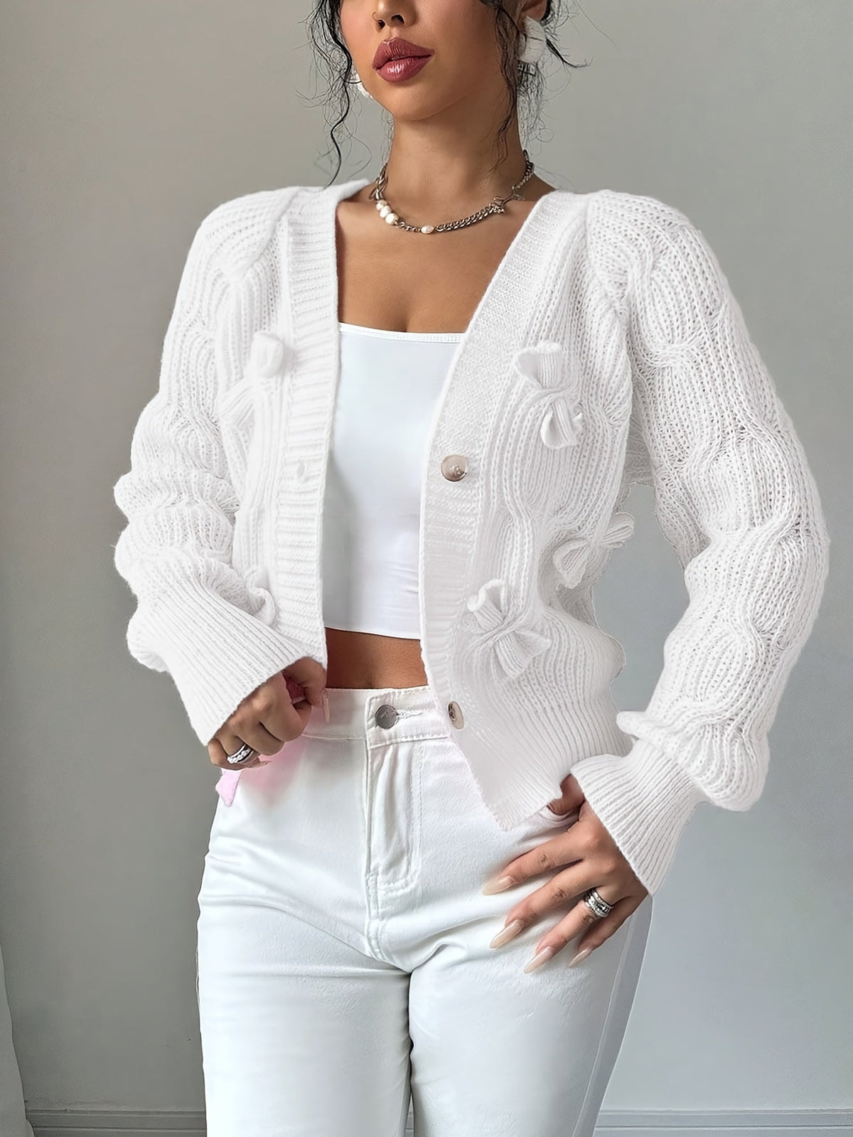 Women's Cable Knit Cardigan with Bow