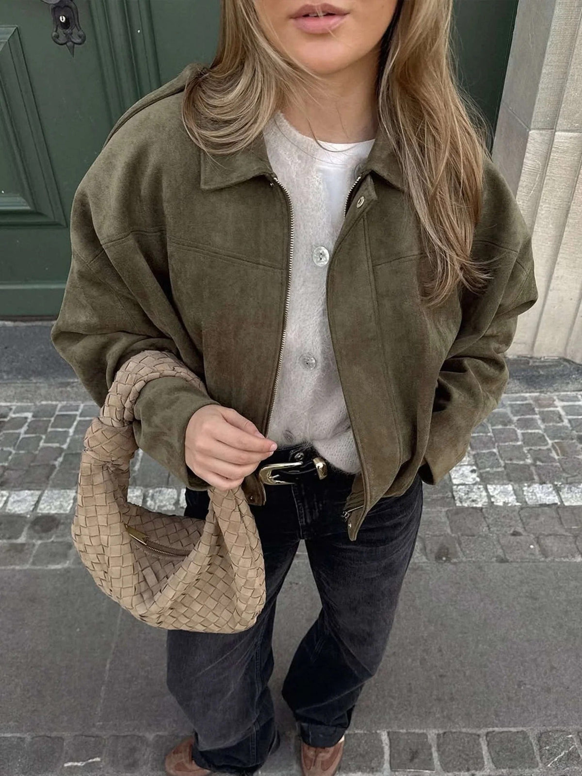 Women's Faux Suede Bomber Jacket for Fall