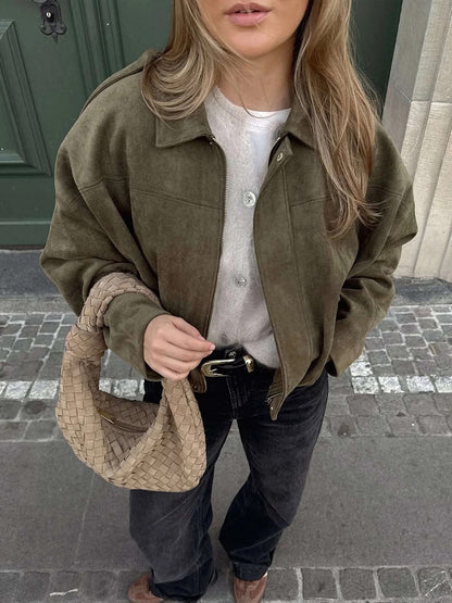 Women's Faux Suede Bomber Jacket for Fall