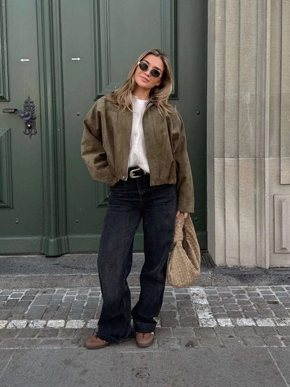 Women's Faux Suede Bomber Jacket for Fall