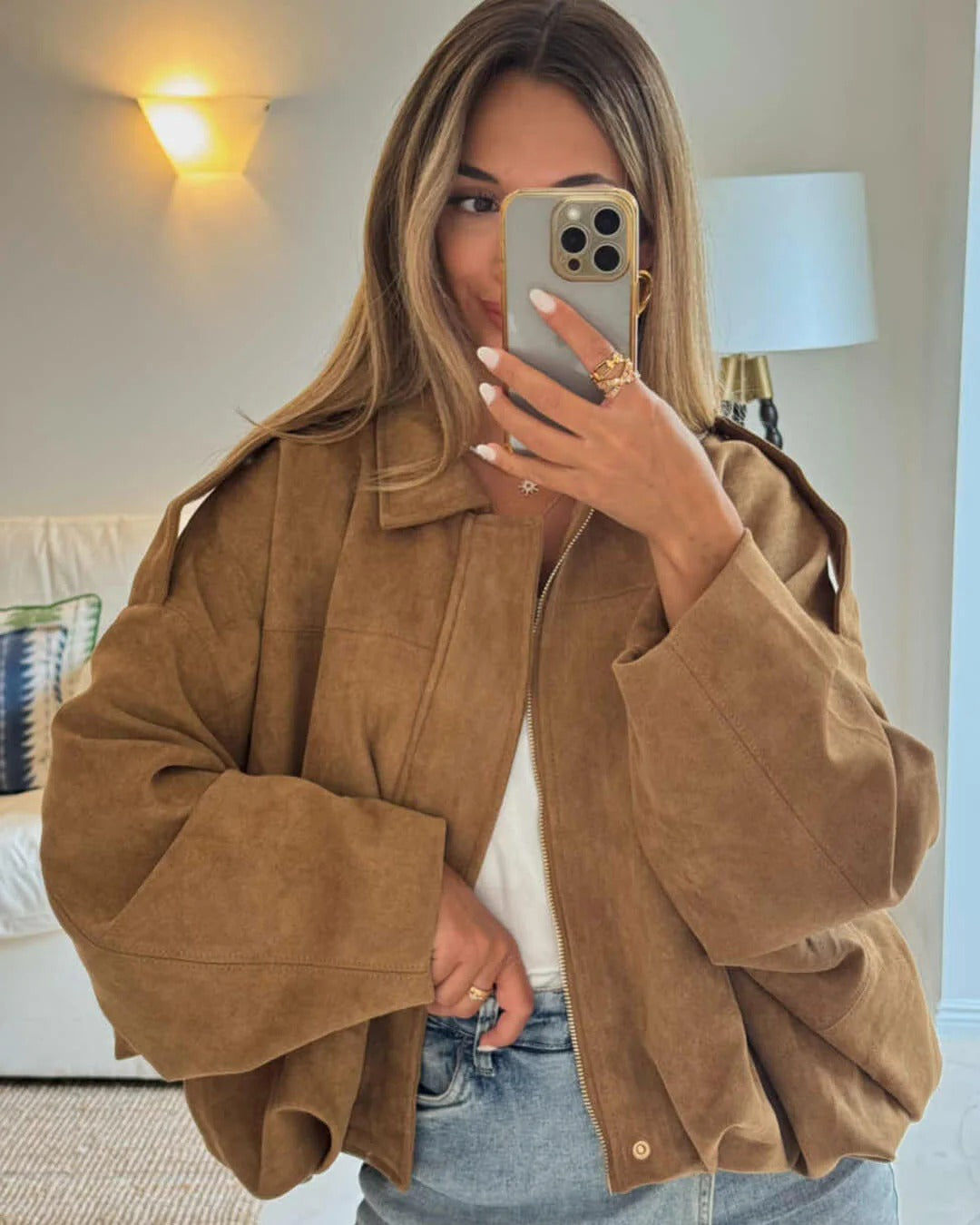 Women's Faux Suede Bomber Jacket for Fall