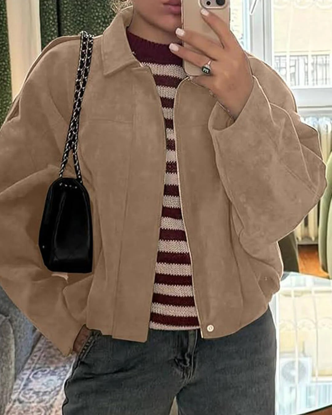Women's Faux Suede Bomber Jacket for Fall
