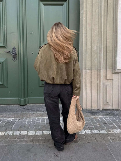 Women's Faux Suede Bomber Jacket for Fall