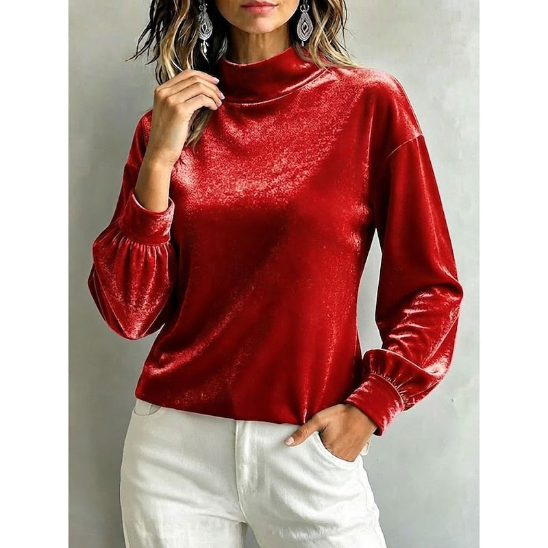 Women's Mock Neck Blouse With Gathered Long Sleeves