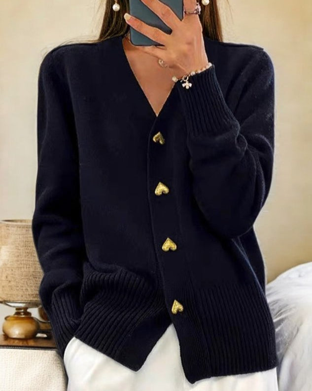 Women's V-Neck Cardigan with Gold Heart Buttons