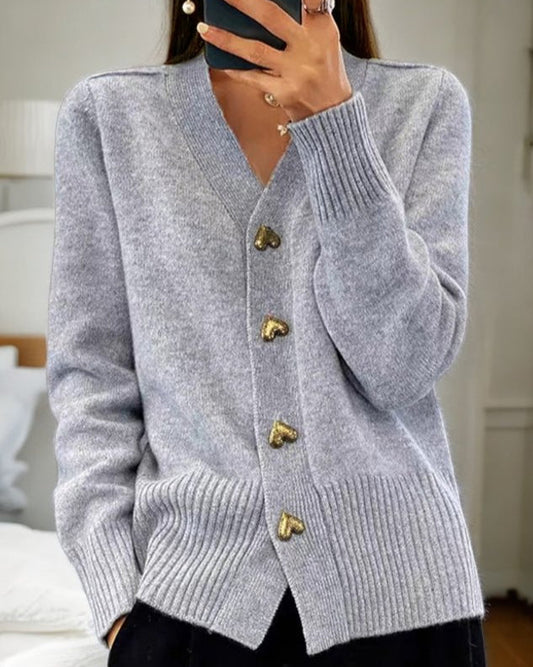 Women's V-Neck Cardigan with Gold Heart Buttons