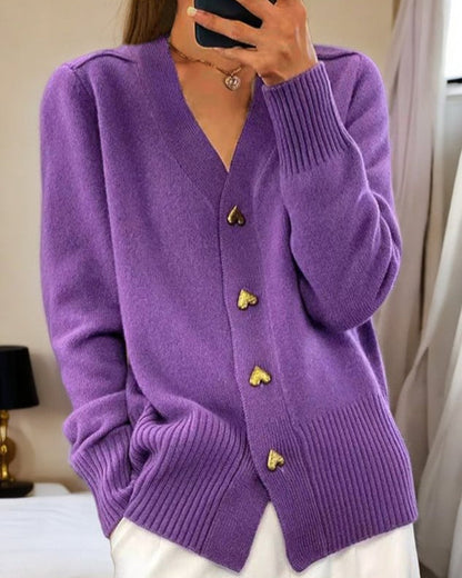 Women's V-Neck Cardigan with Gold Heart Buttons