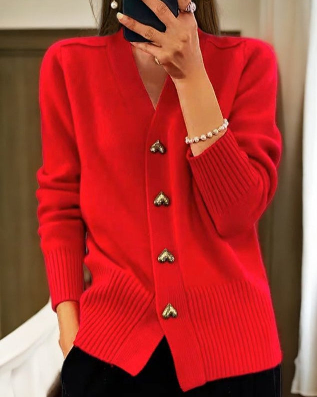 Women's V-Neck Cardigan with Gold Heart Buttons